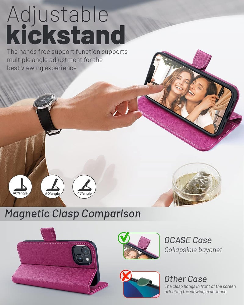 OCASE Compatible with iPhone 13 Wallet Case, PU Leather Flip Folio Case with Card Holders RFID Blocking Kickstand [Shockproof TPU Inner Shell] Phone Cover 6.1 Inch 2021 (Litchi Rose) - Image 4